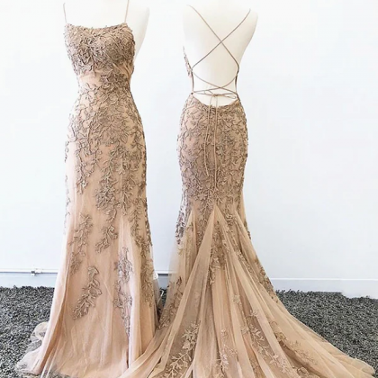 Mermaid Champagne Lace Prom Dresses, Champagne..