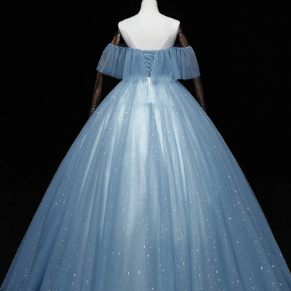 Blue Ball Gown Tulle Off Shoulder Party Dress,..