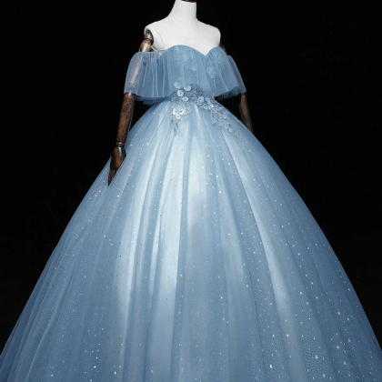Blue Ball Gown Tulle Off Shoulder Party Dress,..
