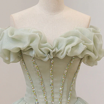 Light Green Ball Gown Short Sleeves Beaded Party..