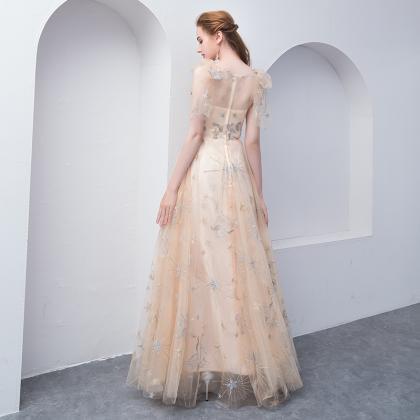 Champagne Floral Tulle Long Party Dress, A-line..