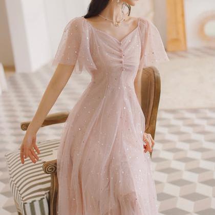 Cute Pink Short Homecoming Dress, V-neckline Pink..