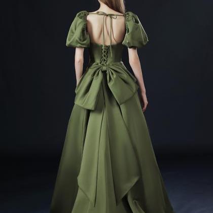 Green Satin Long Short Sleeves Low Back Party..
