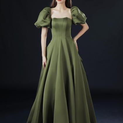 Green Satin Long Short Sleeves Low Back Party..