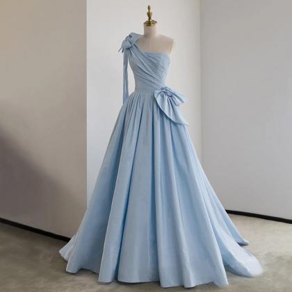 Blue Satin One Shoulder Long Party Dress With Bow,..