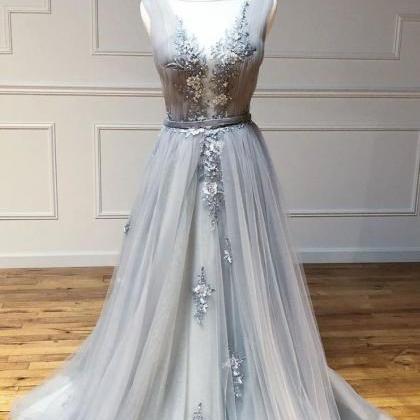 Grey Tulle With Flower Lace Long Party Dress,..