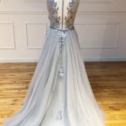 Grey Tulle With Flower Lace Long Party Dress,..