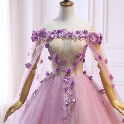 Pink Cute Tulle Long Formal Dress With Flowers,..
