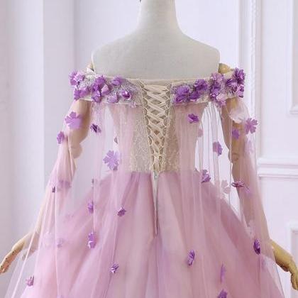 Pink Cute Tulle Long Formal Dress With Flowers,..