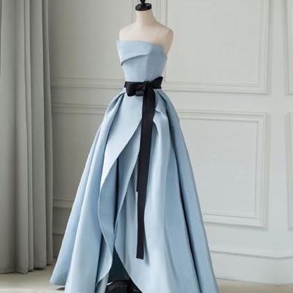 Blue A-line Satin Long Prom Dress, Blue Long Party..