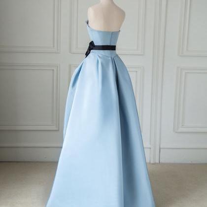Blue A-line Satin Long Prom Dress, Blue Long Party..