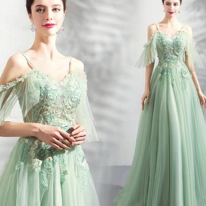 Green Tulle with Flower Lace V-neck..