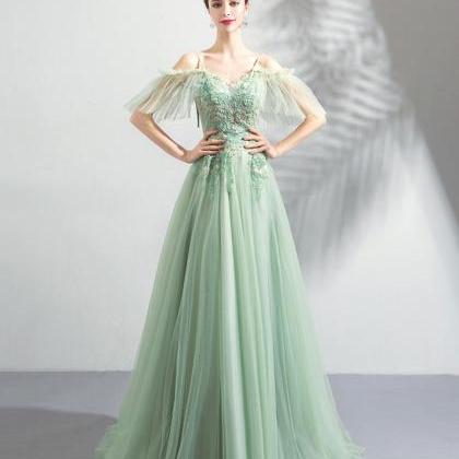 Green Tulle with Flower Lace V-neck..