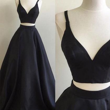 Black Satin Two Piece Formal Dress, Black Prom..