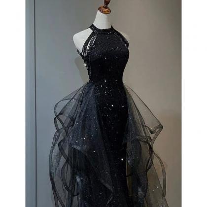 Black Halter Shiny Tulle And Sequins Party Dress,..