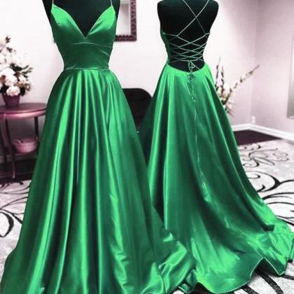 V Neck Green Backless Long Prom Dresses, Open Back..