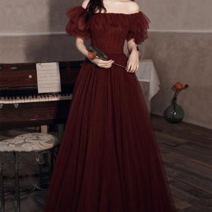 Wine Red Off Shoulder Tulle Scoop Long Party..