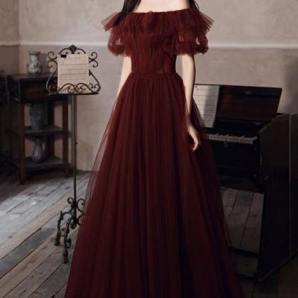 Wine Red Off Shoulder Tulle Scoop Long Party..