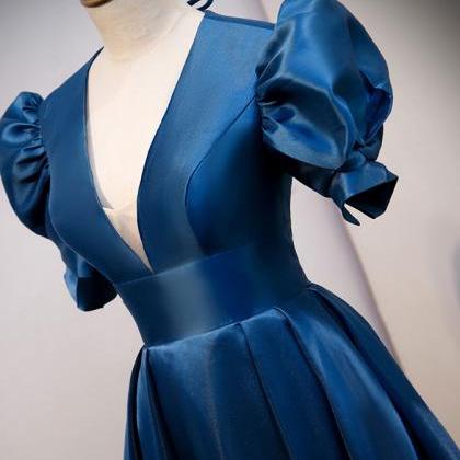 Blue Satin V-neckline Short Sleeves Party Dress,..