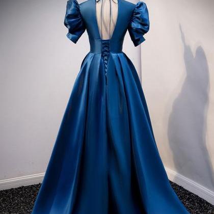 Blue Satin V-neckline Short Sleeves Party Dress,..