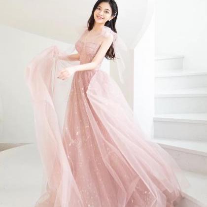 Pretty Pink Tulle Long Straps Sweetheart Prom..
