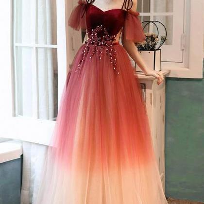 Gradient Tulle Long Prom Dress, Lovely Spaghetti..