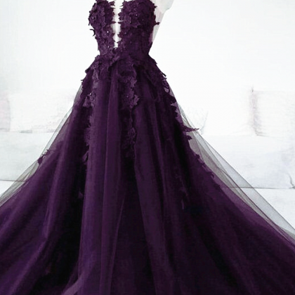 Dark Purple Tulle with Lace Appliqu..