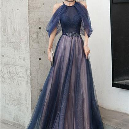 A-line Blue Tulle Sequin Long Prom Dress, Halter..