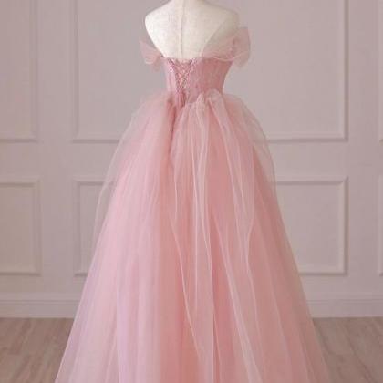 Pink Tulle Lace Long Formal Dress, A-Line Off Shoulder Pink Prom Dress ...