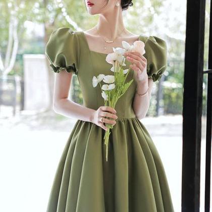 Green Satin Short A-Line Prom Dress..