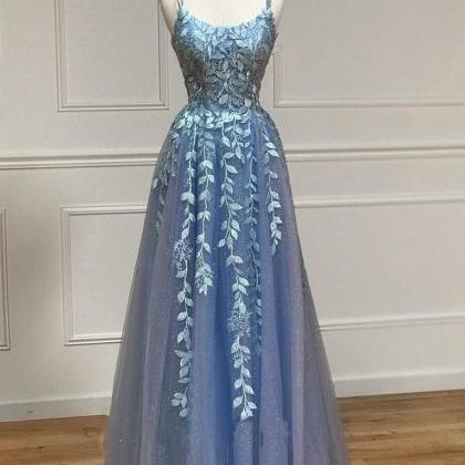 Blue A-line Lace Prom Dress, Open Back Blue Lace..