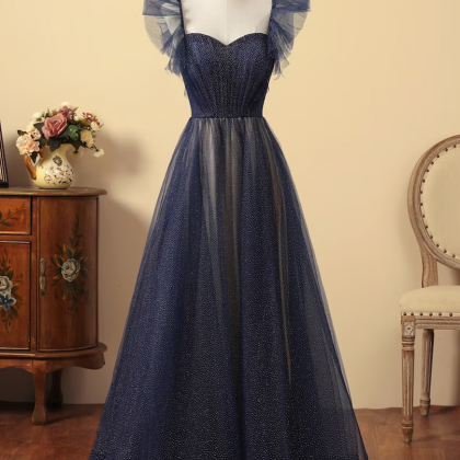 Navy Blue Tulle Long Party Dress, A-line Tulle..