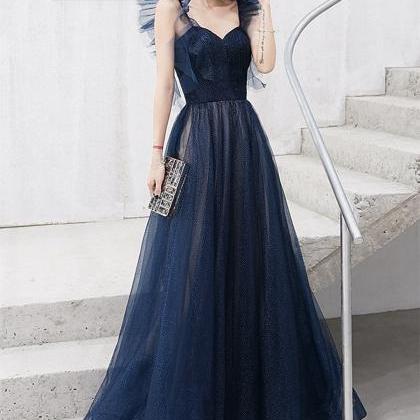 Dark Blue Tulle Long Formal Dress, Navy Blue..