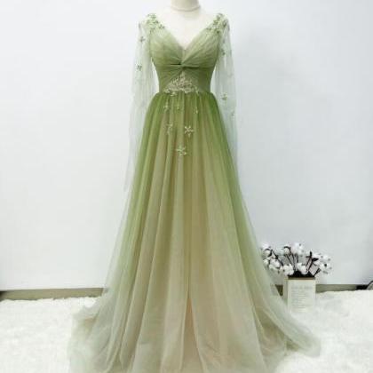 A-line Gradient Green Prom Gown, So..