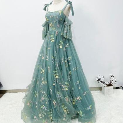 Blue A-line Lace Ball Gown Floral Lace Prom Dress, Blue Tulle Off ...