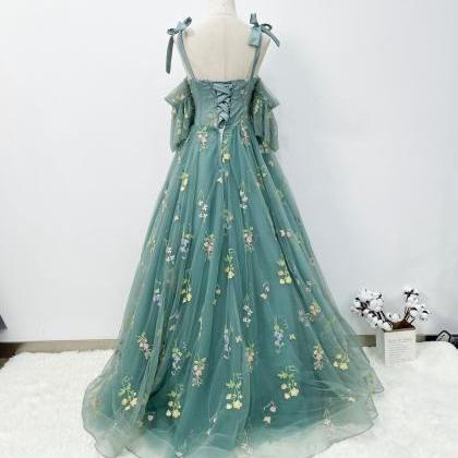 Blue A-line Lace Ball Gown Floral L..
