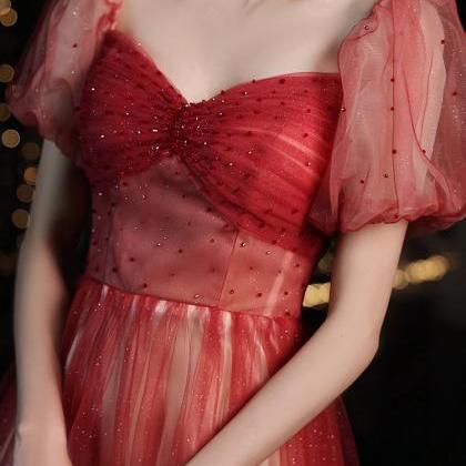 Red Gradient Short Sleeves Tulle Long Party Dress,..