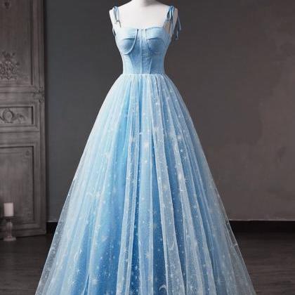 Blue Tulle Floral Straps Long Formal Dress, Blue..
