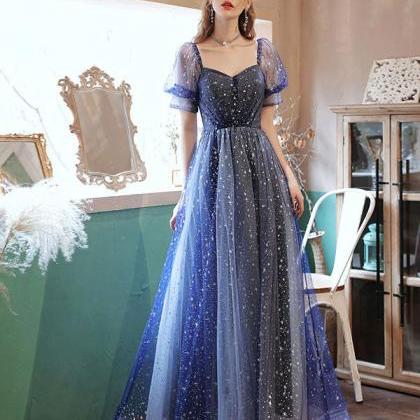 A-line Tulle Blue Long Prom Dress, ..