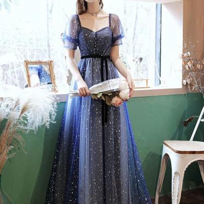 A-line Tulle Blue Long Prom Dress, ..