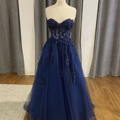 Navy Blue Tulle Sweetheart Long Party Dress,..