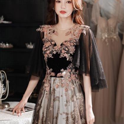 Black Tulle With Lace Long Formal Dress, A-line..
