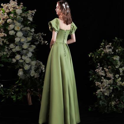 Green Satin Long Simple Party Dress..