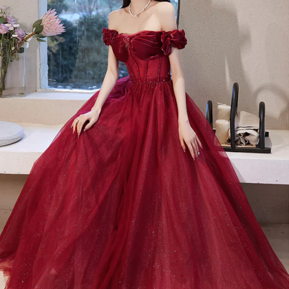 Wine Red Tulle Prom Dress, A-line L..