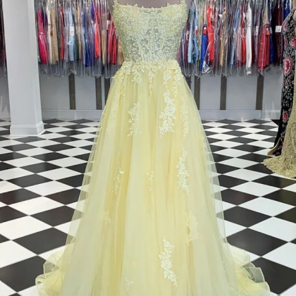 Light Yellow Tulle Long Party Dress With Lace,..