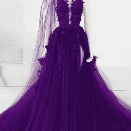 Purple Tulle With Lace Long Formal Dress, A-line..
