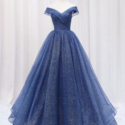 Blue Off Shoulder Long Formal Dress, A-line Blue..