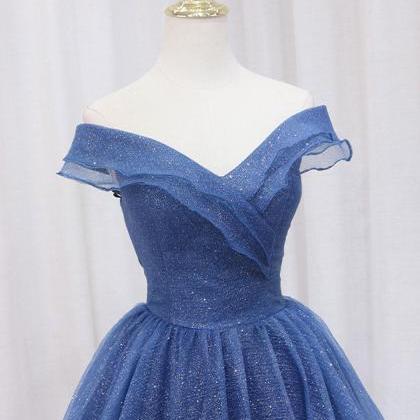 Blue Off Shoulder Long Formal Dress, A-line Blue..