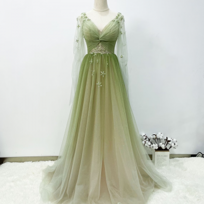 Gradient Green Prom Gown Soft Tulle Evening Dress,..