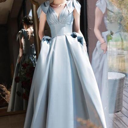 Blue Satin Long Prom Dress with Bea..